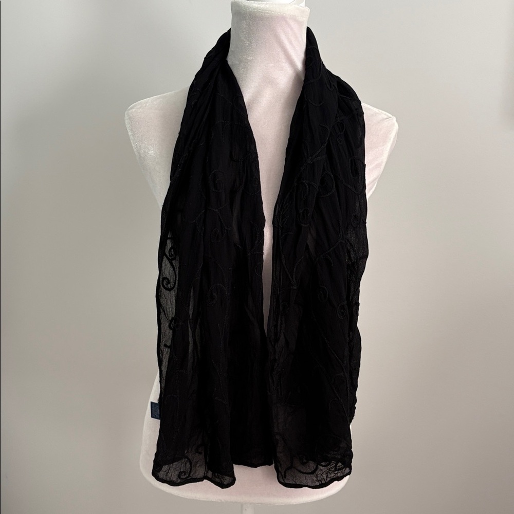 Vintage GAP 1990s Sheer Black Scarf Tonal Scroll Embroidery Minimalist Retro - Picture 9 of 9